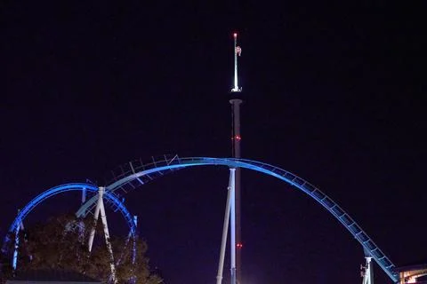 Roller Coaster Arch and Observation Tower at Night Stock Photos