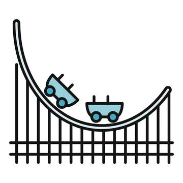 Roller coaster cars moving down curved track Stock Illustration