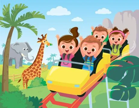 Roller-coaster. Children ride on roller-coaster in amusement park. Stock Illustration