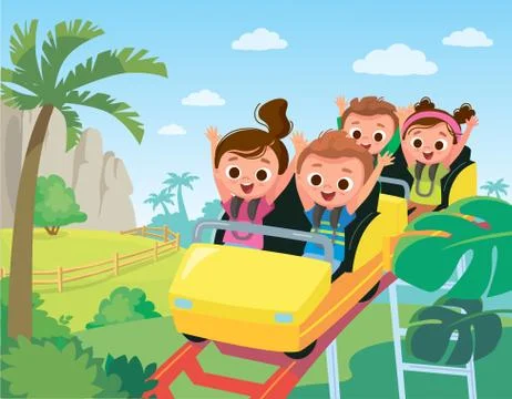 Roller-coaster. Children ride on roller-coaster in amusement park. Stock Illustration