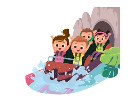 Roller-coaster. Children ride on roller-coaster with water splash in amusemen Stock Illustration
