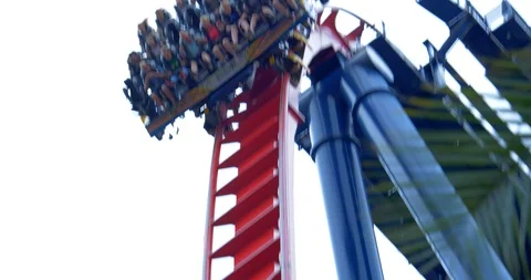 Roller Coaster Drop in Slow Motion Straight Down 90 Degrees Close Up