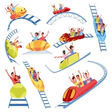 Roller coaster happy people. Rollercoaster. Friends riding in amusement park イラスト素材