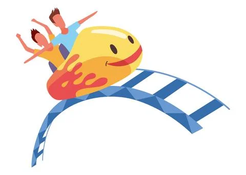 Roller coaster happy people. Rollercoaster. Friends riding in amusement park Ilustración de archivo