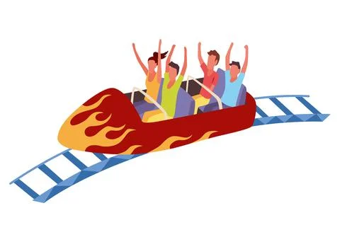 Roller coaster happy people. Rollercoaster. Friends riding in amusement park Stock Illustration