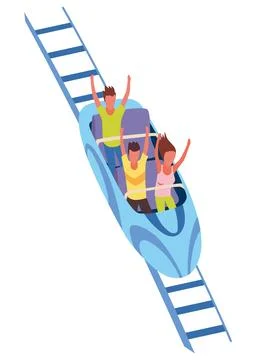 Roller coaster happy people. Rollercoaster. Friends riding in amusement park Stock Illustration