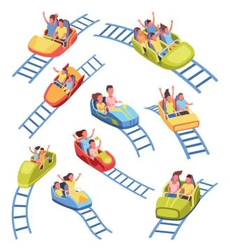 Roller coaster happy people. Rollercoaster. Friends riding in amusement park 库存插图