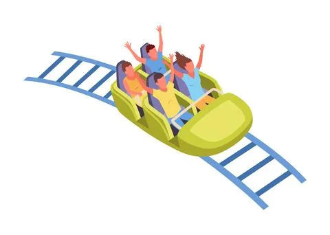 Roller coaster happy people. Rollercoaster. Friends riding in amusement park Stock Illustration