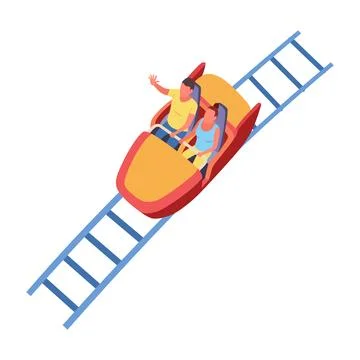 Roller coaster happy people. Rollercoaster. Friends riding in amusement park Stock Illustration