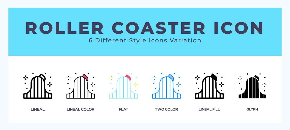 Roller coaster icon symbol set. outline. glyph black. flat color and filled.. Stock Illustration