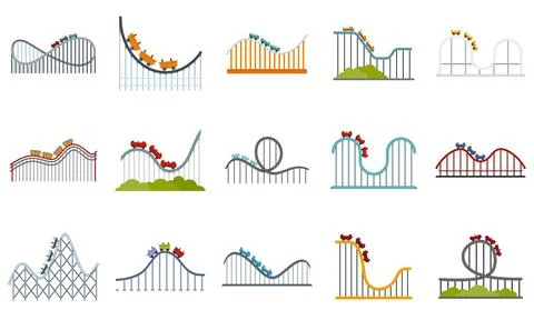 Roller coaster icons set flat isolated Stock Illustration