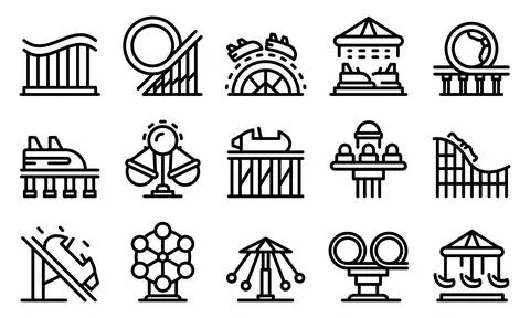 Roller coaster icons set, outline style Stock Illustration