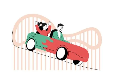 Roller coaster people. Man and woman in car ride on roller coaster. Young couple Stock Illustration