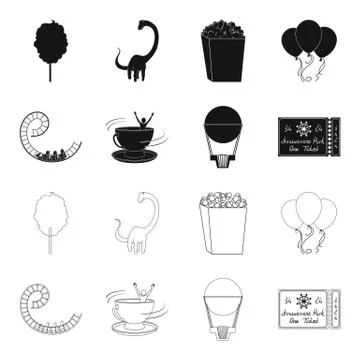 Roller coaster ride, balloon with basket, caruelle cup, ticket to the entrance Stock Illustration