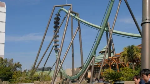 Roller coaster ride in theme park. Universal studios japan. Amusement park. Stock Footage 132608674