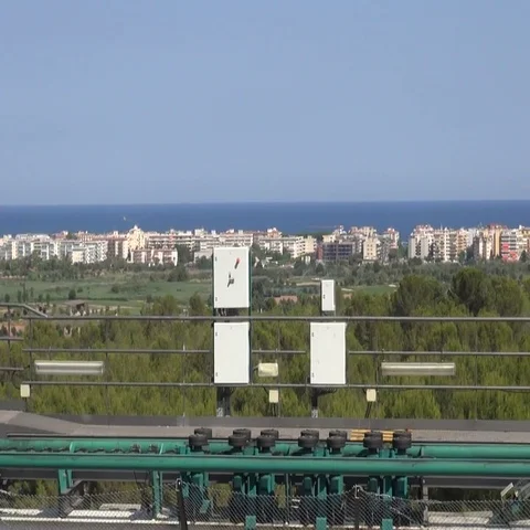 Roller coaster ride tracks and breaks with an amazing background Video stock 69733686