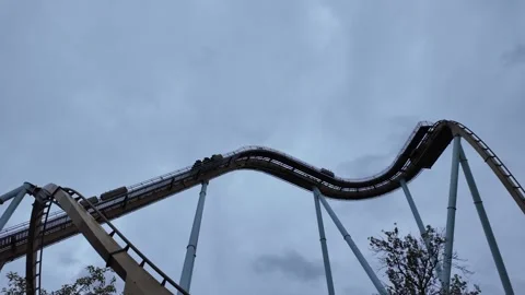 Roller Coaster Structure beneath a Cloudy Sky Video stock 347681567