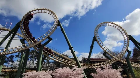 Roller coaster where the vehicle goes through two loopings 動画素材 305490439