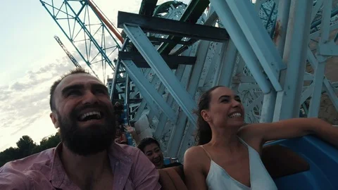 Roller coasters at Six Flags in California, selfie video of riders Stock Footage 127447027