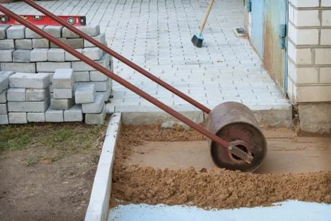 Roller compaction of soil Stock Photos