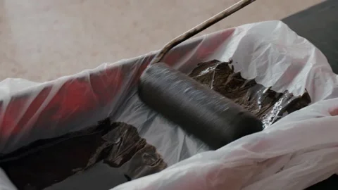 A roller in a container with varnish for restoration, close-up. Roller in a tray Stock Footage 271311581