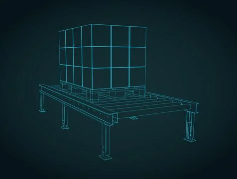 Roller conveyor with palletized boxes blueprint Stock Illustration