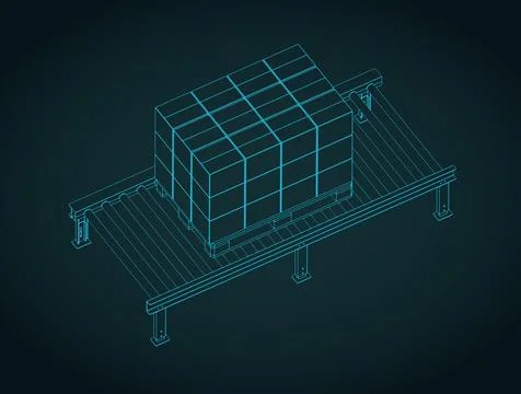 Roller conveyor with palletized boxes isometric blueprint Stock Illustration
