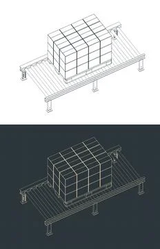 Roller conveyor with palletized boxes isometric blueprints Stock Illustration