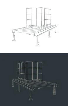Roller conveyor with palletized boxes sketches 스톡 일러스트