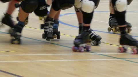 Roller derby. Close up of various skaters boots Stock Footage 86604996