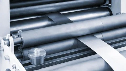 Roller feed unit of continuously high speed metal sheet strip shape beam roll Foto stock