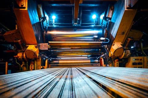 Roller machine tool and thin metal wires in factory workshop Stock Photos