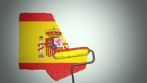 Roller paints the wall in colors of Spain flag. Travel concept.	 Stock Footage 168487117