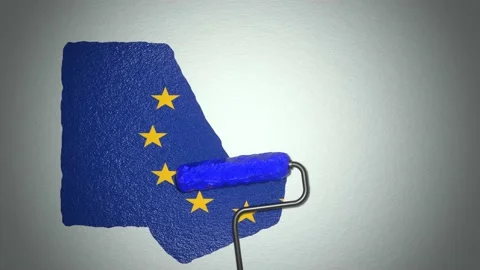 Roller paints the wall with paint in colors of European Union flag. Travel conce Stock Footage 168486911