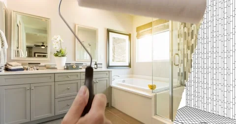 Roller to Reveal Line Drawing to Finished Bathroom Remodel Stock Footage