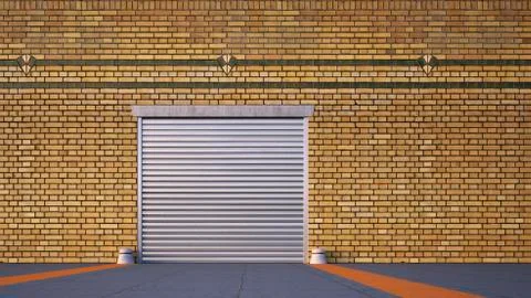 Roller shutter and brick slip cladding of an old factory, 3D Rendering Stock Illustration