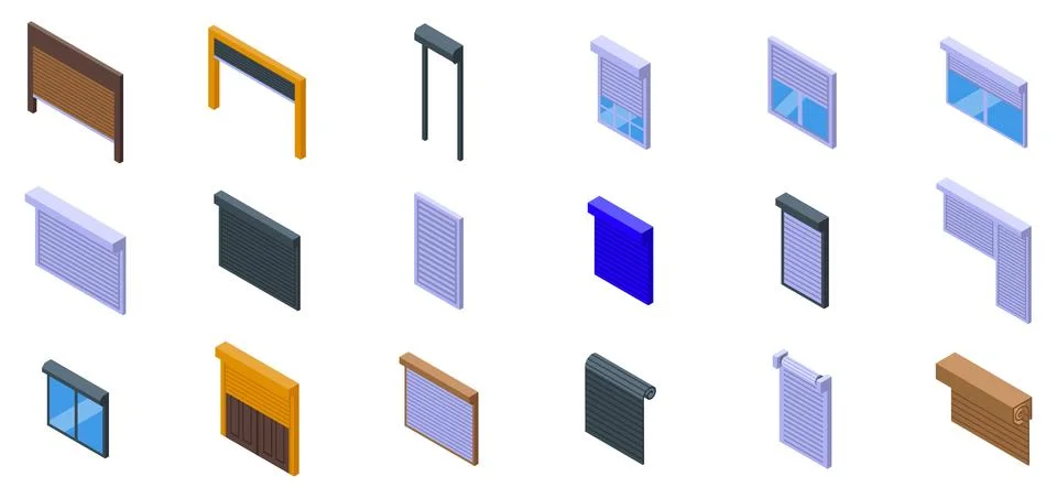 Roller shutter up icons set. Isometric icons showcasing various rolling shutt イラスト素材