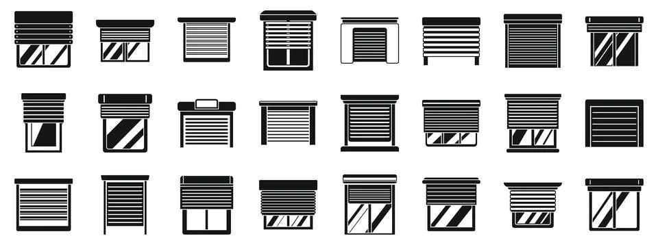 Roller shutter up icons set. Set of simple black and white icons representing Stock Illustration