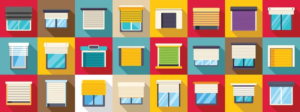 Roller shutter up icons set. Window covering icons set showing different type イラスト素材