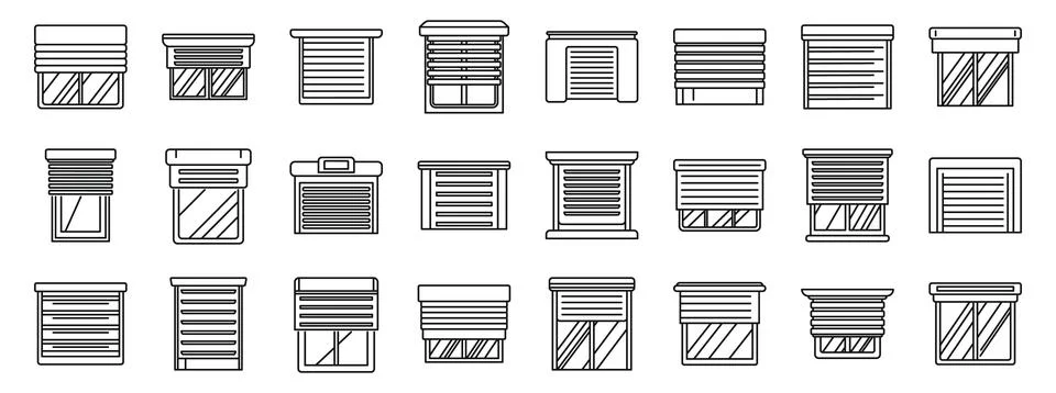 Roller shutter up icons set. Window covering icons showing roller, venetian,  Stock Illustration