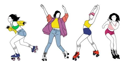 Roller skaters outline vector drawing on white. Stock Illustration