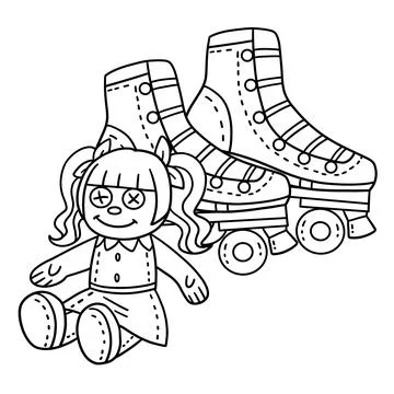Roller Skates and Doll Isolated Coloring Page Stock Illustration