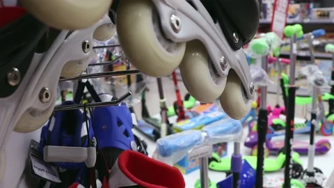 Roller skates in the store. Sporting goods store. Stock Footage 214046633