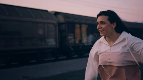 Roller Skating and Racing With the Train Stock Footage 129521761