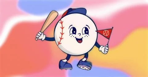 Roller-skating baseball character wearing cap, holding bat and waving red Stockillustratie
