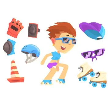 Roller skating boy, set for label design. Colorful cartoon detailed Stock Illustration