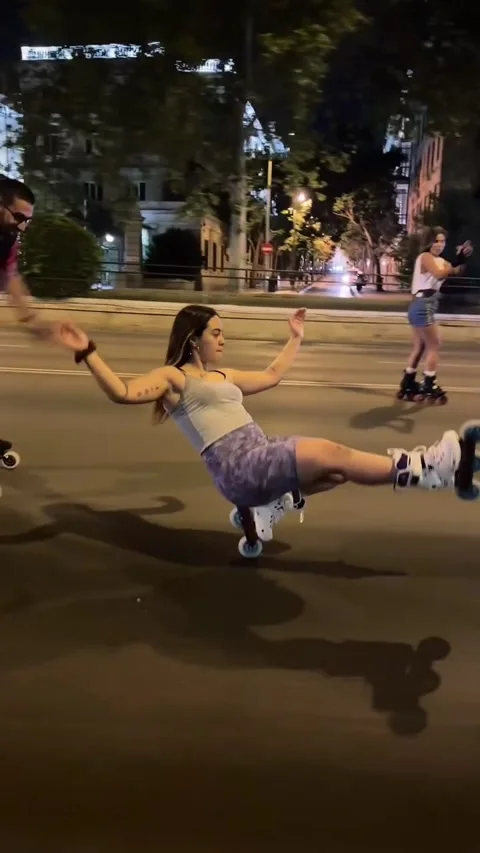 Roller Skating Downhill on One Wheel, Madrid, Spain - 27 Sep 2024 Stock Footage 312642950