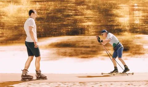 A roller skating guy and an old man on roller skis Stock Photos