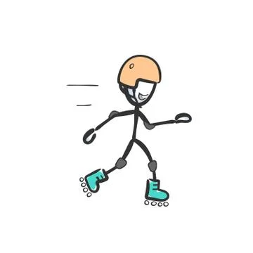 Roller skating ride. Fun active sports. Hand drawn. Stickman cartoon. Doodle Stock Illustration