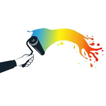 Roller with splashes of color paint in hand design for painting Stock Illustration